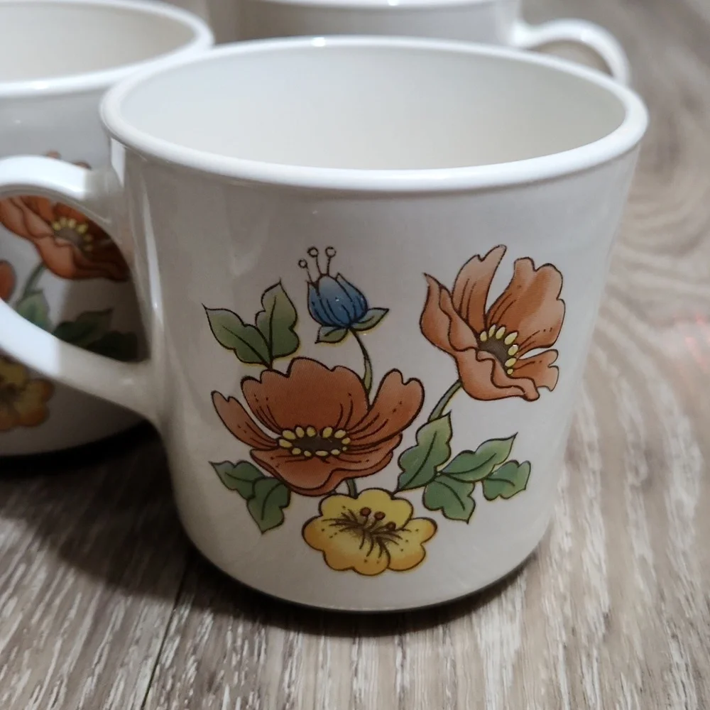 70's Corning Cornerstone Vintage Royal Garden 6 Piece Ceramic Mug Set Floral VTG